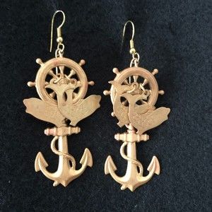 Vintage Earrings 1970s Pierced Ear wire Nautical Dangling Fish Anchor Ship Wheel